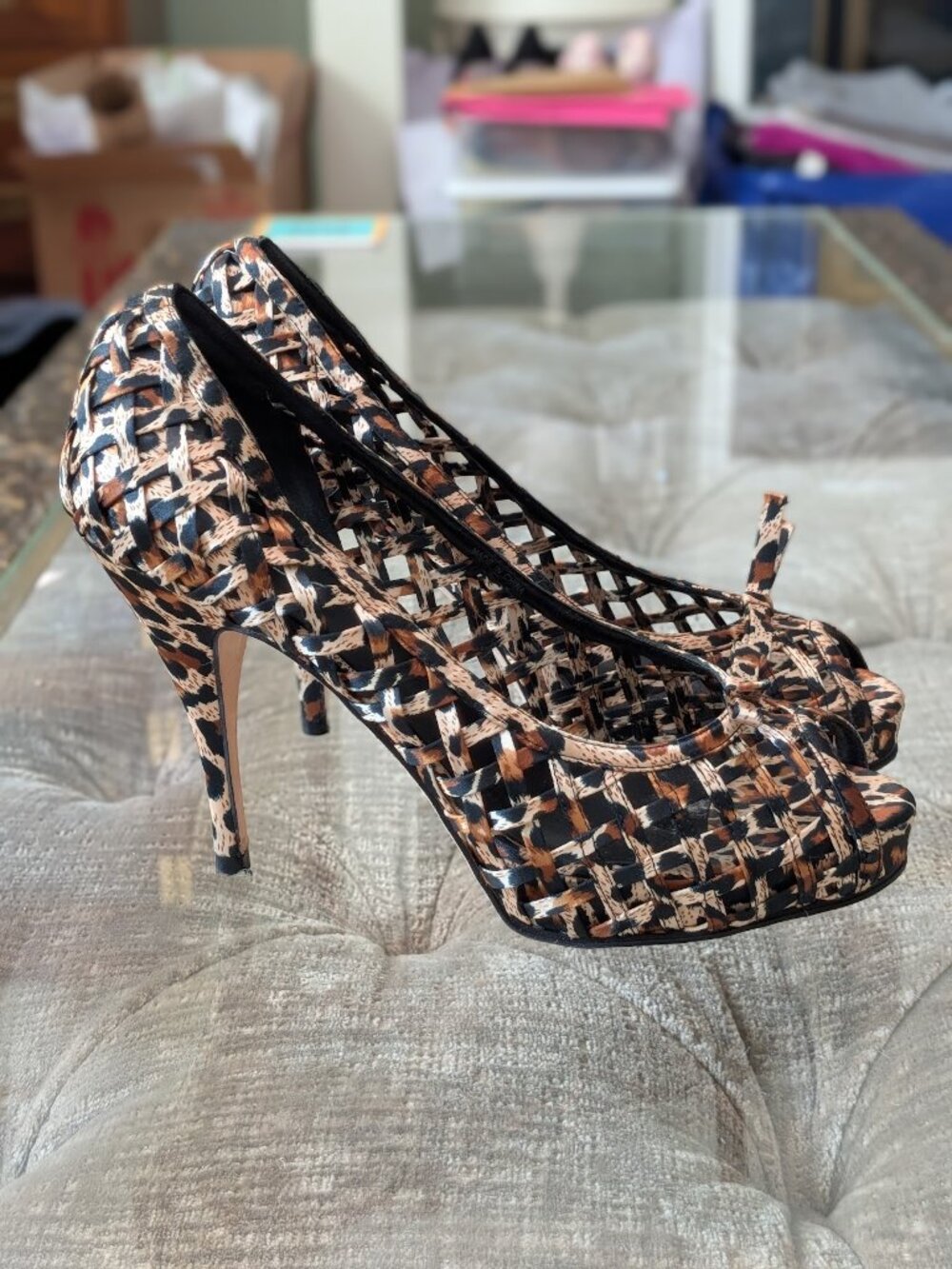ALDO Leopard Print Woven Cage Platform Pumps Stiletto Heels Sz 38 / 7.5